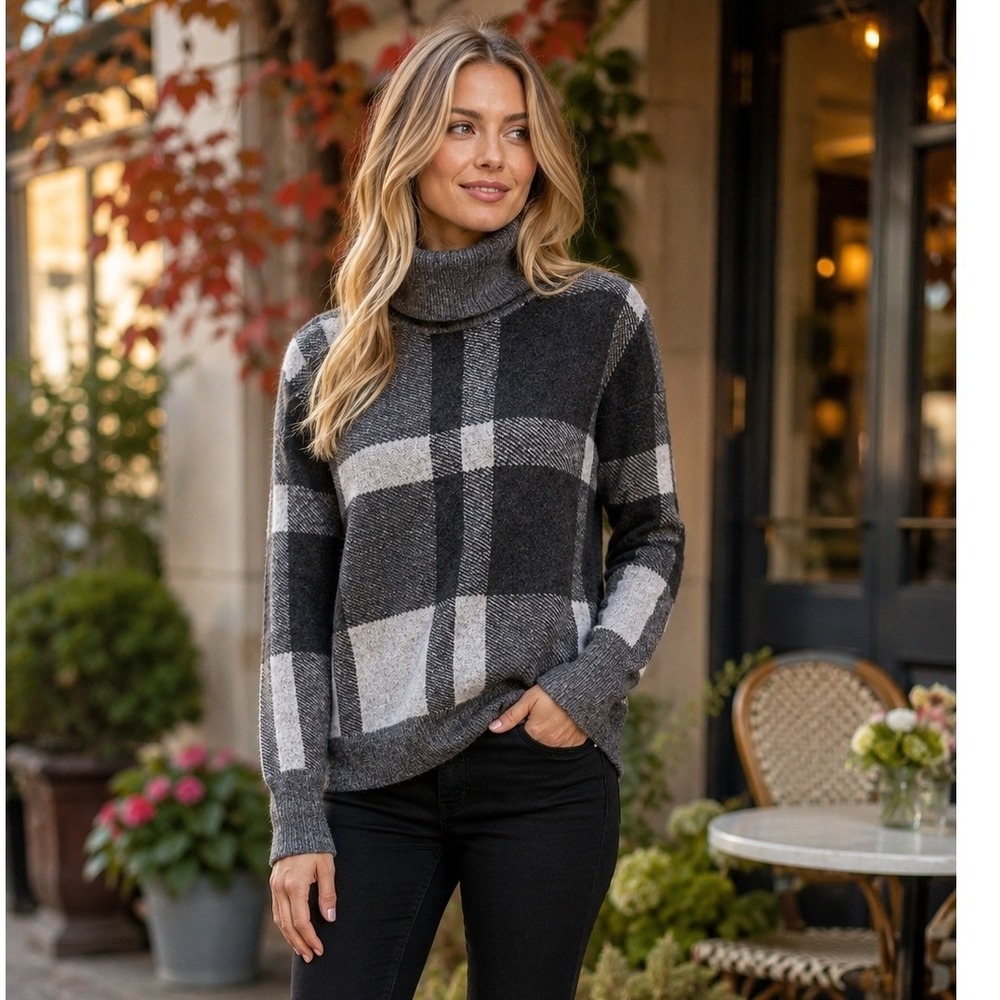 Banana Republic Women XS Merino Wool Plaid Turtleneck Sweater Gray Black